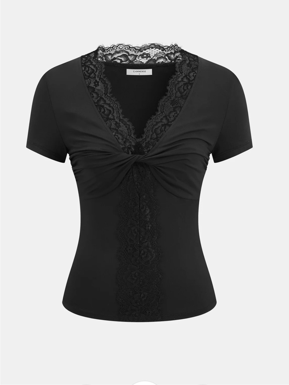 Commense Lace Trim Twist Front Short Sleeve Top Size Small NWT Stretchy